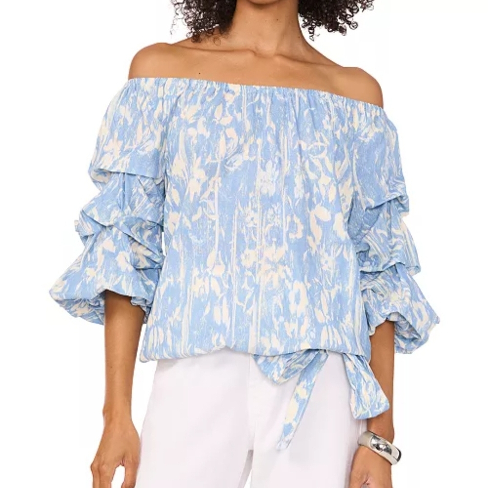 Vince Camuto Linen-Blend Off-The-Shoulder Bubble 3/4-Sleeve Tie-Front Blouse